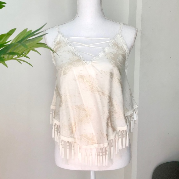 BSB Collection Tops - Beautiful White Gold Lace Tassle Top